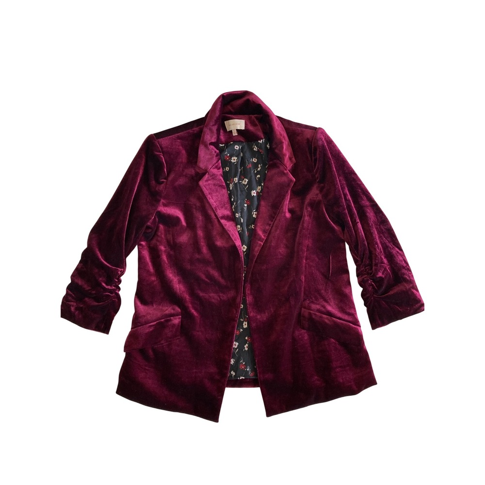 Skies Are Blue Burgundy Velvet Ruched 3/4 Sleeve Floral Lined Blazer S 23934W